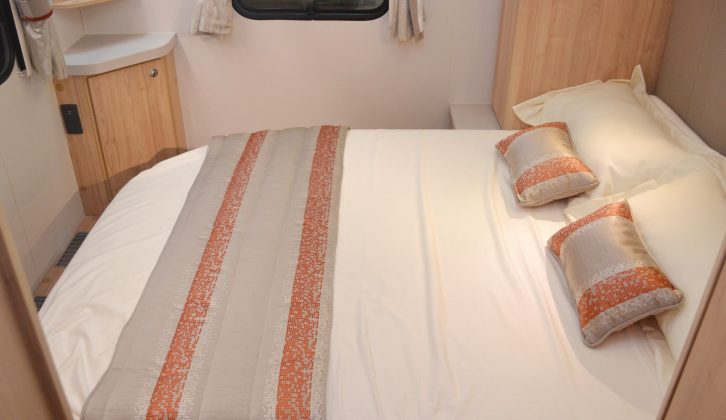 The island bed measures 1.90m x 1.35m, while the dressing table in the rear corner is well-equipped – read more in the Practical Caravan Elddis Crusader Zephyr review