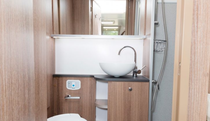 The washroom in the Bailey Unicorn Cadiz is stylish, with a concealed cistern and a bowl sink