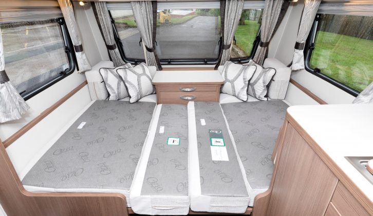 The Elddis Affinity 574's front double bed measures 1.99m x 1.13m, but the sofas are too short for adults to use as singles