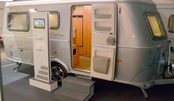 The new Eriba Touring Troll 535 has a rear transverse double bed, a front lounge, and a washroom and kitchen in the middle