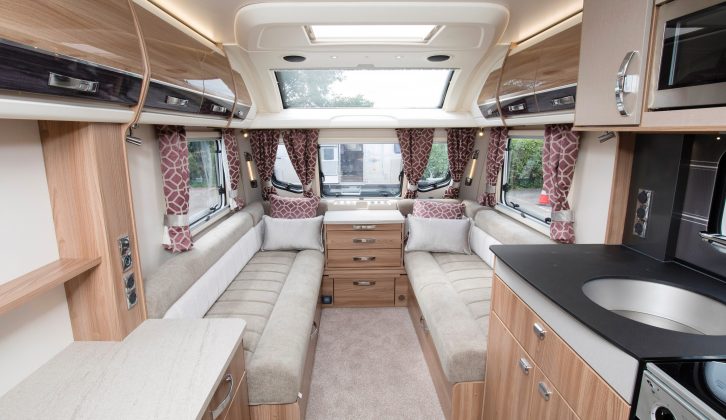New 'grabhandle' style lighting works well in the front corners, as do the ‘Graceland’ fabrics which combine neatly with the aubergine-coloured curtains and scatter cushions – and the sunroof is wider