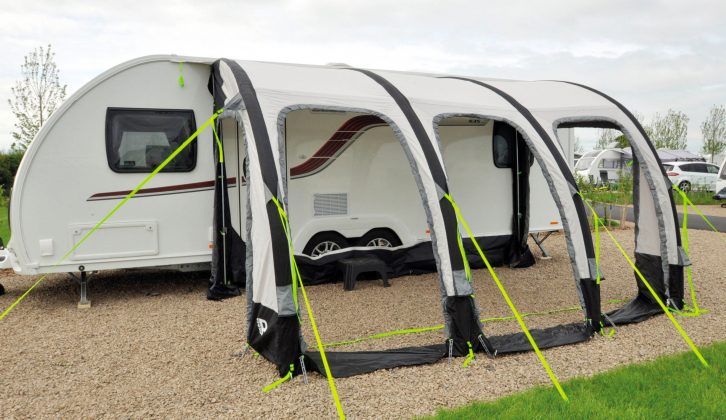 The colour of this Prima awning by Bailey is very on trend – luminous guylines are handy after dark