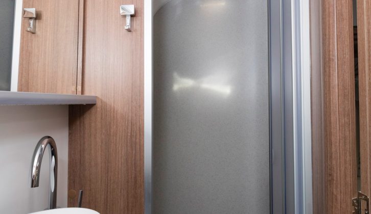 It is good to see a rooflight in the shower cubicle of this Bailey caravan, as well as a clothes drying rail