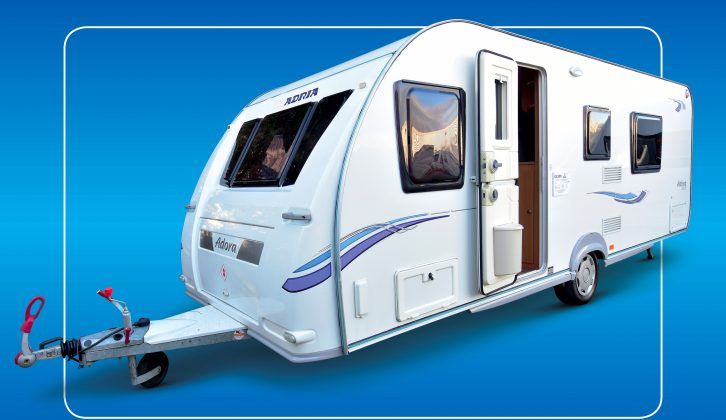 The Adria Adora has a practical design – the large front gas locker and long A-frame are typical of a Continental caravan
