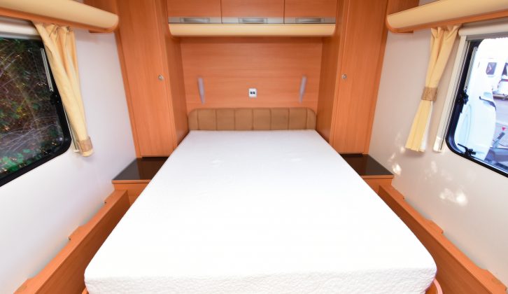 The end bedroom has a super-large fixed double bed and great storage – the shower is in here on the offside