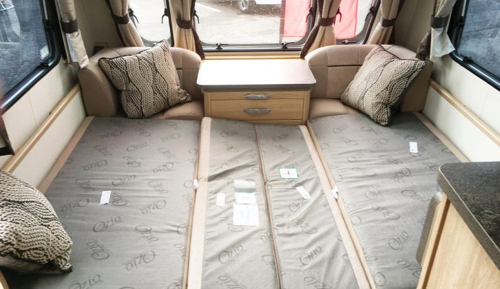 The front make-up double bed is easy to assemble and measures 2.04m x 1.4m – or used the sofas as 1.74m x 0.7m singles