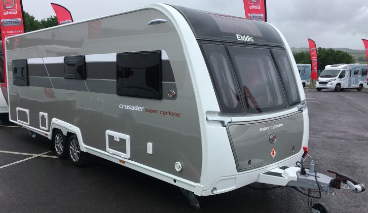 All 2018 Elddis Crusaders have distinctive single-tone dark grey sides and new graphics – with flush-fitting windows, this gives them a classy look