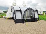 With mini canopies over the front windows for rain protection, the Royal Loxley Air 390 inflatable awning has its own style