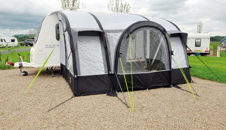 With mini canopies over the front windows for rain protection, the Royal Loxley Air 390 inflatable awning has its own style