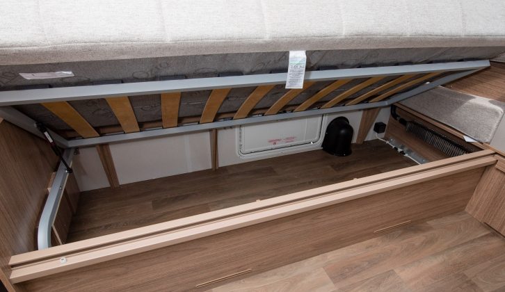 There's external access to this storage space beneath the nearside sofa in the Coachman VIP 460
