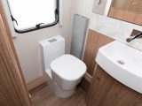 This large, square-topped Dometic loo is new for 2018, with a big wardrobe alongside, an Alde radiator on the other side and a window behind