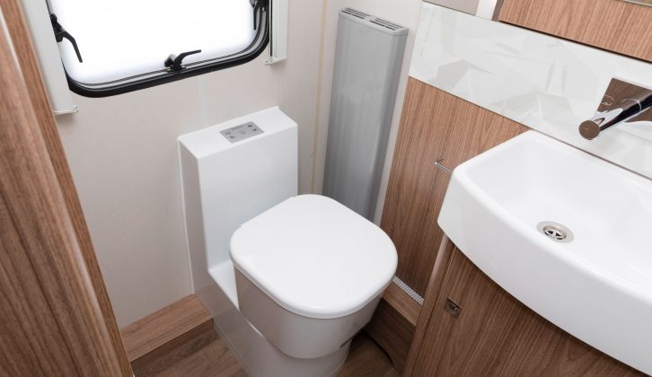 This large, square-topped Dometic loo is new for 2018, with a big wardrobe alongside, an Alde radiator on the other side and a window behind