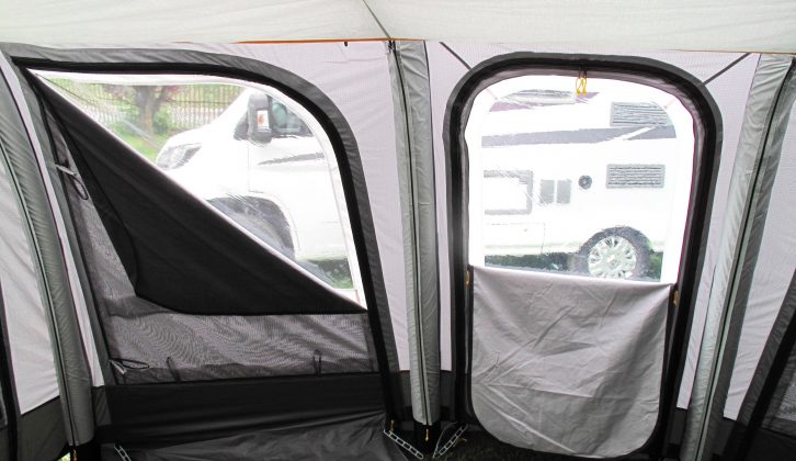 This awning's PVC windows have detachable mesh panels that fold back