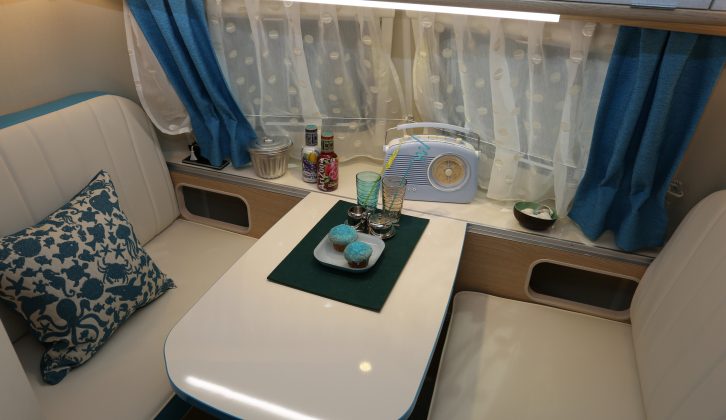 White, high-gloss worktops and deep-pile carpets also feature in this Eriba caravan