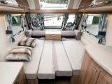 The make-up double bed in the 2018 Swift Challenger 480 is 2.02 x 1.86m – or use the long sofas as 1.96 x 0.72m/1.86 x 0.72m singles
