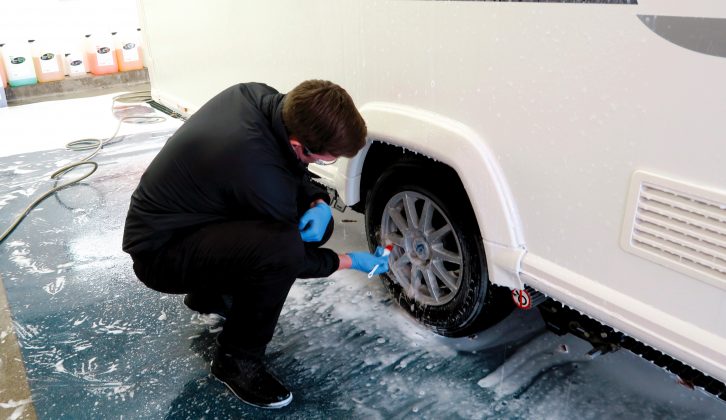 Don't forget your caravan's alloy wheels – use a brush on hard-to-reach places