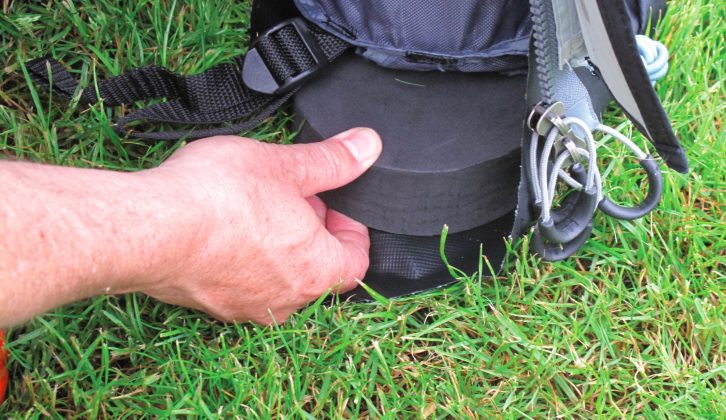 Pads fit under the front tubes if you are pitching the awning on uneven ground