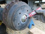 The brake shoe and wheel hub are cleaned, a new Al-Ko One Shot nut is fitted and the springs checked – finish it off with tamper paste