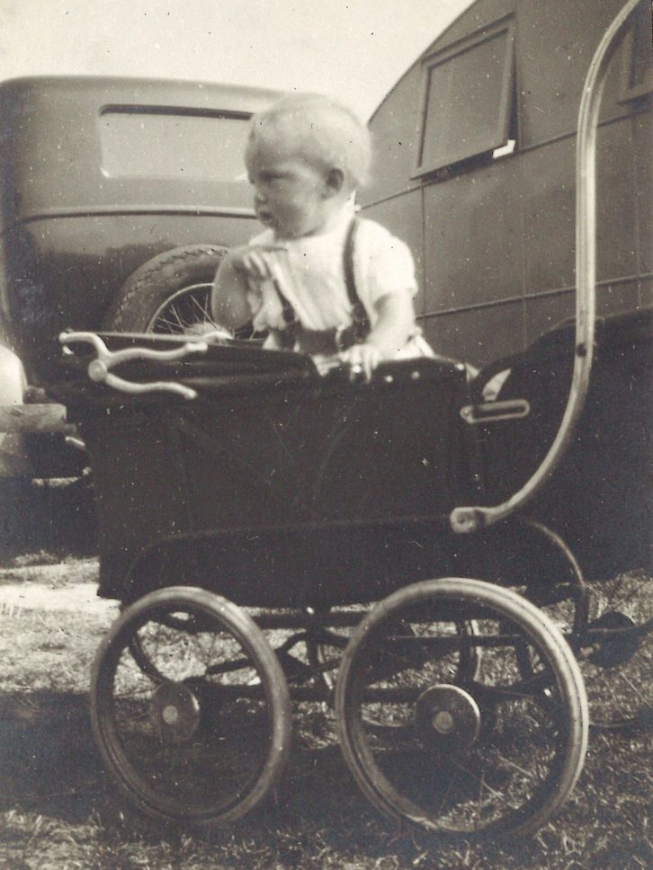 Anne in her pram in the early days of her caravanning life