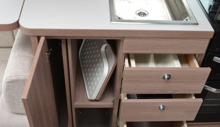 Kitchen storage is great – here you can see the table's dedicated space on the left, shelves in the middle and four positive-locking drawers on the right