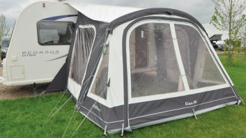The Outdoor Revolution Elan 340 has single-point inflation, a draught skirt is standard, and access is via two side doors and single front doors