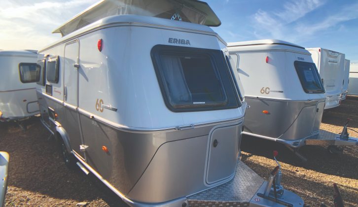 The Eriba Touring Troll 530 '60 Edition' is based on Al-Ko running gear. An AKS hitch stabiliser and button-operated handbrake also feature, while the checkerplate finish to the A-frame fairing adds durability