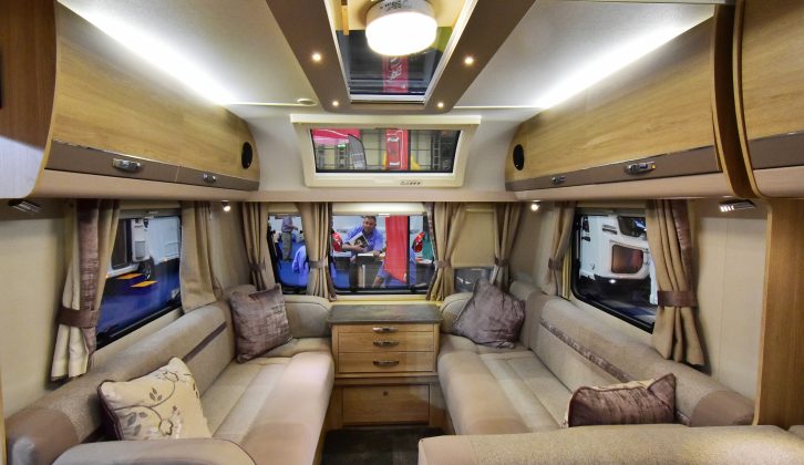 The Elddis Osprey 866 has a Stargazer rooflight, as part of the dealer special upgrades, as well as a panoramic sun roof