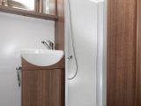 Shower compartments in the new Bailey Phoenix caravans are fully lined and have EcoCamel shower heads