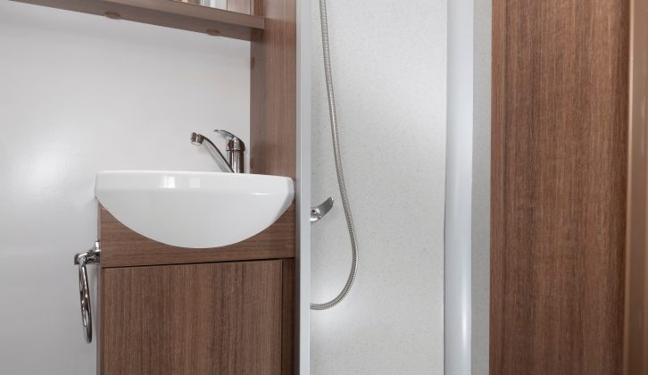 Shower compartments in the new Bailey Phoenix caravans are fully lined and have EcoCamel shower heads