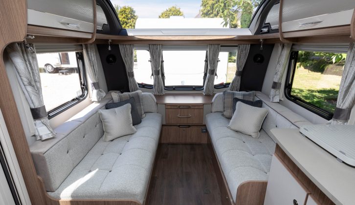 The front lounge of the 2019 Coachman Laser 650 features a super-wide front sunroof