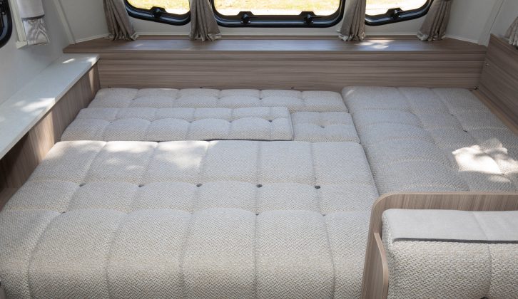 The L-shaped lounge seating in the Coachman Pastiche 470 easily rearranges into a large make-up double, and the various pieces of the jigsaw fit together very snugly