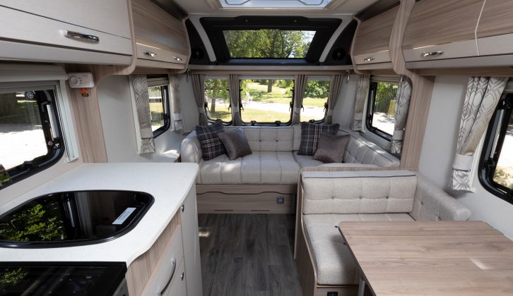 The Coachman Pastiche 470 has a distinctive floorplan, with an L-shaped lounge in lieu of the typical parallel lounge arrangement