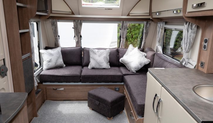 A view of the 2019 Alaria TI's distinctive and very spacious L-shaped front lounge