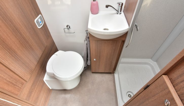 Washroom in the Bailey Phoenix 420 has less floor area due to the wardrobe base being used for exterior storage and loo cassette hatch