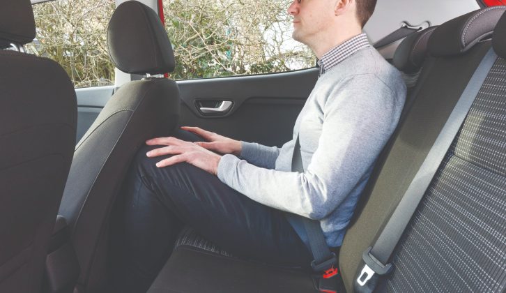 Rear legroom in the Kia Stonic is on the tight side, says Practical Caravan's Tow car editor David Motton, and you’ll struggle to fit in three adults back here. Headroom is good, though