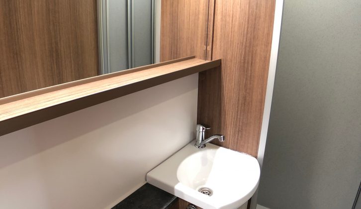 The new Bailey Pegasus Grande Brindisi has an end washroom for maximum comfort and convenience. Check out the super-wide mirror!
