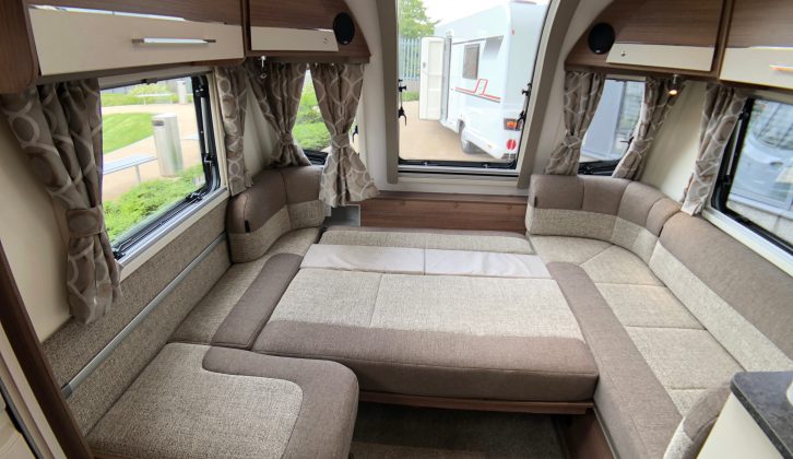 The front bed in the Bailey Pegasus Grande Brindisi makes up into a spacious double that's a whopping 7ft 3in by 3ft 11in