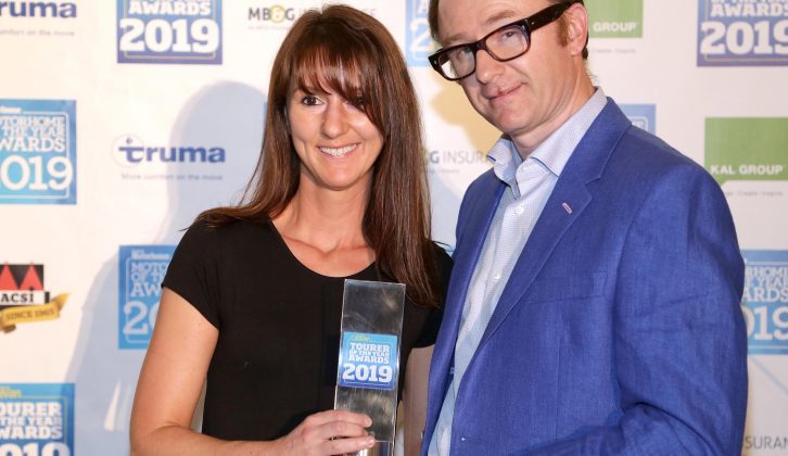 Lea Lawrence from Lunar Caravans collects the award for Best Tourer for Small Families for the Venus 550/4 at Practical Caravan's Tourer of the Year Awards 2019