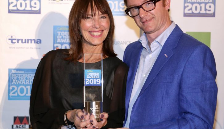 Debby Swainson from Lowdham Leisureword collects the award for Best Specialist Tourer on behalf of Erwin Hymer Group UK for the Eriba Touring Troll 530 Ocean Drive at Practical Caravan's Tourer of the Year Awards 2019