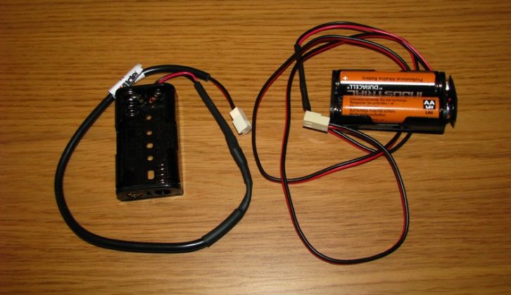 This is the completed DIY back-up unit, with two AA batteries inserted