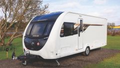 Apart from the neat silver roundel placed on the front nearside corner to mark 100 years of Eccles caravans, this exterior looks much like any other Swift model, with a black front panel and understated decals