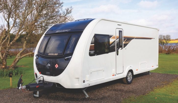 Apart from the neat silver roundel placed on the front nearside corner to mark 100 years of Eccles caravans, this exterior looks much like any other Swift model, with a black front panel and understated decals