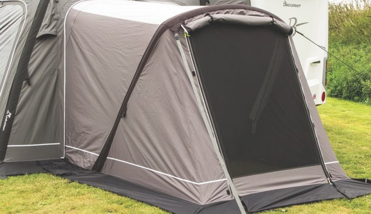 You can fit the optional inflatable annexe to the door on either side