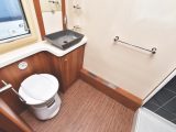 The rear washroom has electric flush Dometic toilet and the smart shower cubicle is of domestic size and finish
