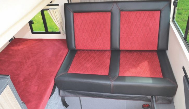The seating back rest lifts down from its travelling position to create a very comfortable rear bench. The bench is finished in leather and suede and has a quality feel. It is available in various colours