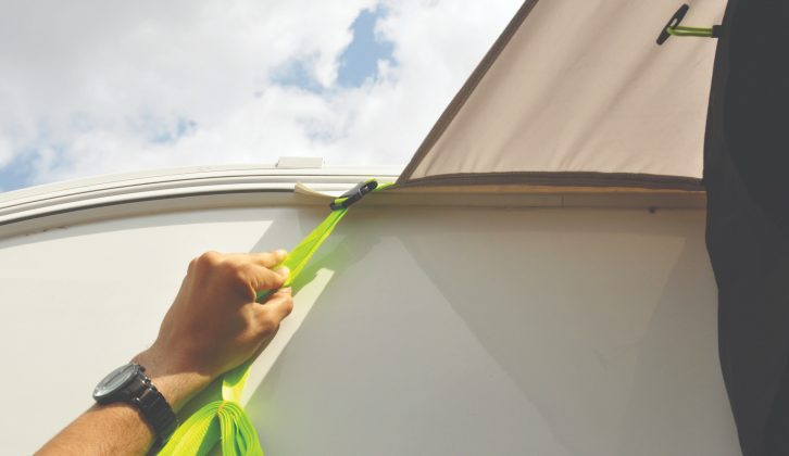 Clip-on straps make it easier to pull the awning through the rail