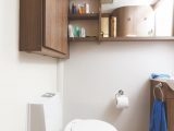 There's plenty of storage space, with open shelving by the mirror and a cupboard above the toilet