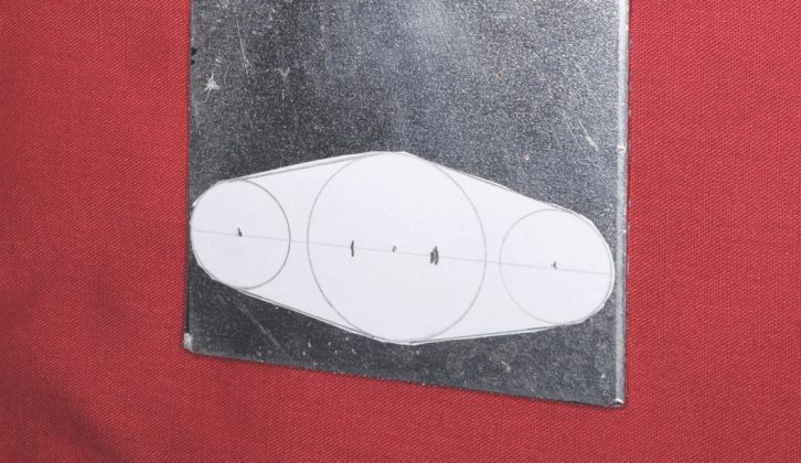 3. Stick a cut-out of bracket dimensions (circles with 8mm and 14mm radius, 25mm apart from centre to centre) onto the aluminium plate. Add additional markings (7mm either side of centre) as shown