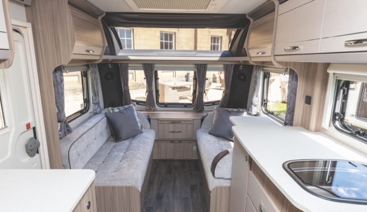 The wide sunroof across the front panel adds light and creates an airy feel while, on the right, the kitchen workspace is generous