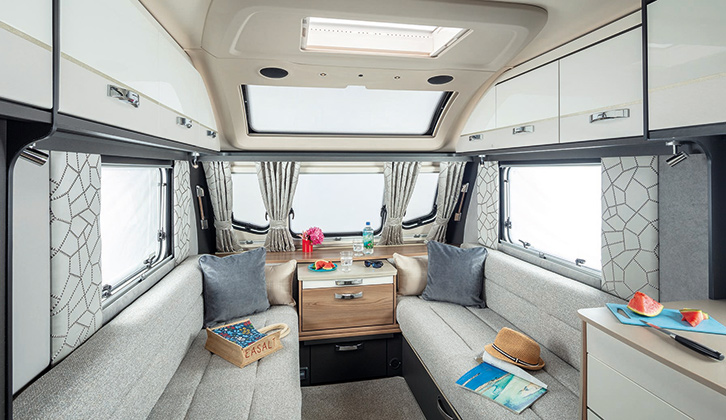 The interior of the Swift Conqueror 480 caravan in the daytime
